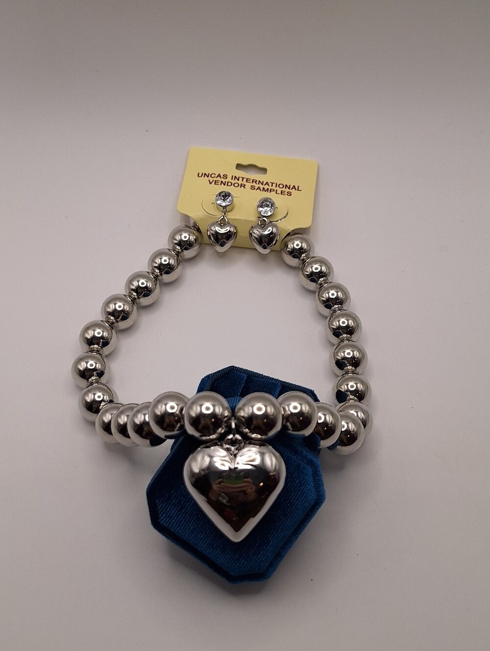 Vendor Sample Silver Puffy Heart Necklace Earrings Set